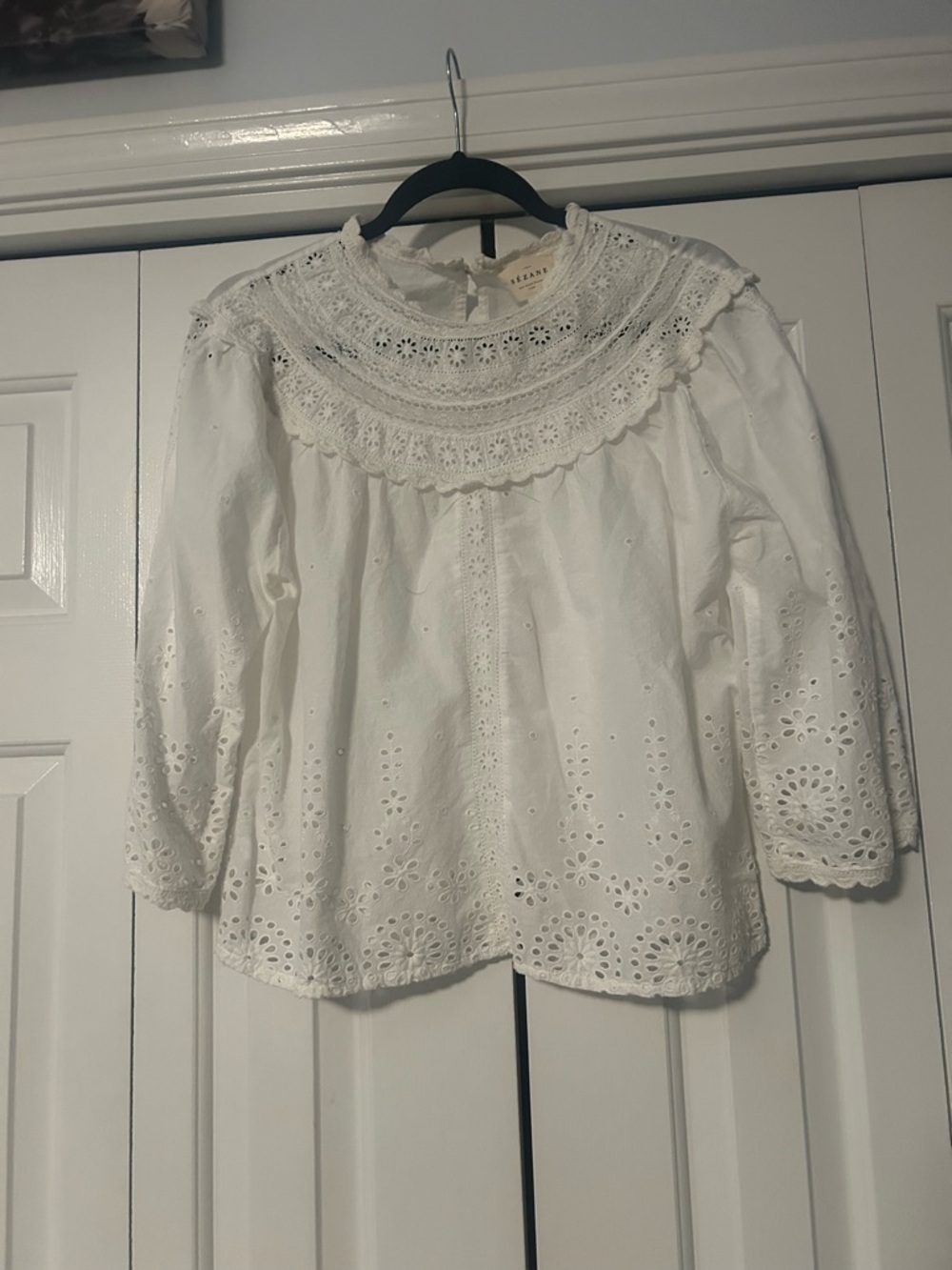 Sezane White Eyelet Lace Yoke Blouse